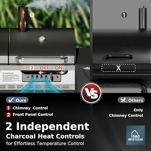 MFSTUDIO Gas and Charcoal Grill Combo with Side Smoker, Heavy Duty Dual Fuel BBQ Grill with Porcelain-Enamel Grates, Perfect for Outdoor Grilling, 840 SQIN Cooking Area