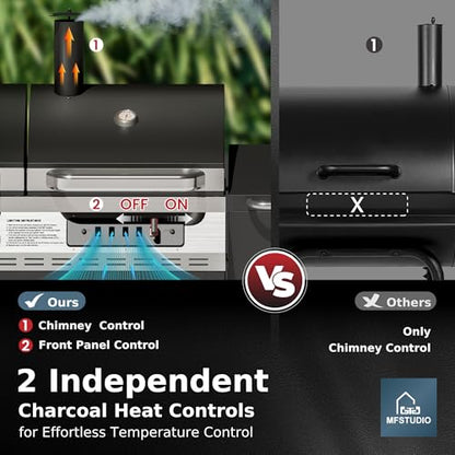 MFSTUDIO Gas and Charcoal Grill Combo with Side Smoker, Heavy Duty Dual Fuel BBQ Grill with Porcelain-Enamel Grates, Perfect for Outdoor Grilling, 840 SQIN Cooking Area