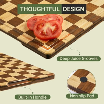 THETCHRY Bamboo Cutting Board Set, Checkered Wood Cutting Boards for Kitchen with Juice Groove, Non Toxic Wooden Charcuterie Boards, Non Slip Chopping Board for Meat Fruit Cheese, Housewarming Gift