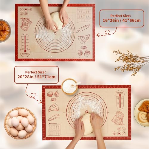 Silicone Baking Mat with Measurements, 26x16Inch Extra Thick Silicone Mats for Making Pie Bread Pizza, Nonstick Kitchen Pastry Matt for Dough Rolling Kneading, Heat Resistant Oven Liner Gift for Baker