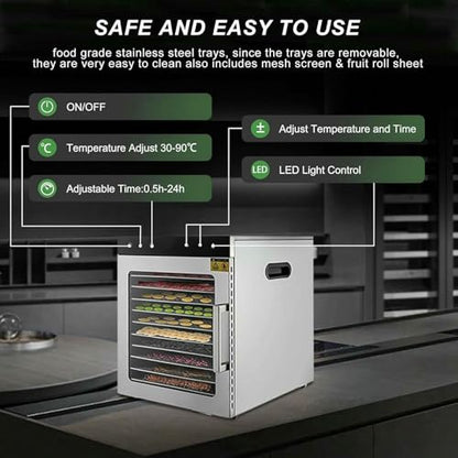 10 Trays Silent Food Dryer, 800W Freeze-Dried Candy Machine, Temperature Adjustable Of 30-90 ° C, Timer From 0-24 Hours, Large Capacity Food Processor For Vegetables/