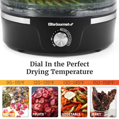 Elite Gourmet EFD319 Food Dehydrator, 5 BPA-Free 11.4" Trays Adjustable Temperature Controls, Jerky, Herbs, Fruit, Veggies, Dried Snacks, Black