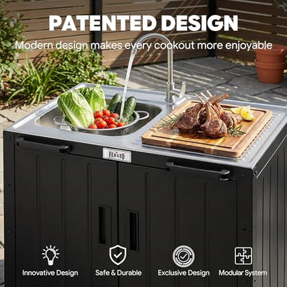 Feasto Outdoor Kitchen Island with Stainless Steel Sink and Storage Cabinet, 35-Inch BBQ Prep Station with Faucet & Lockable Wheels for Patio, Backyard, and Outdoor Cooking, Black & Silver