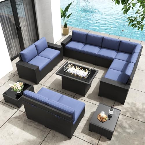 KHOLH Patio Furniture Set with Fire Pit Table, 13 Pieces Outdoor All-Weather Wicker Conversation Sectional Chair Sofa Set