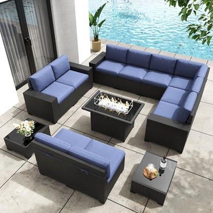 KHOLH Patio Furniture Set with Fire Pit Table, 13 Pieces Outdoor All-Weather Wicker Conversation Sectional Chair Sofa Set