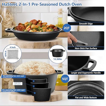 HaSteeL 5 Quart Cast Iron Dutch Oven, 2-In-1 Pre-seasoned Dutch Oven with Chain Mail, Ideal for Sourdough Bread Baking Cooking Stewing Frying Roasting, Camping, 5 QT Stock Pot & 2 QT Skillet Lid Pan