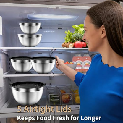 ZEENSUY Mixing Bowls with Airtight Lids Set, 5 PCS Stainless Steel Black Nesting Bowls for Kitchen, Large Prep Metal Mixing Bowls for Kitchen, 5.5/4/3.5/2/1.5 QT for Mixing & Serving