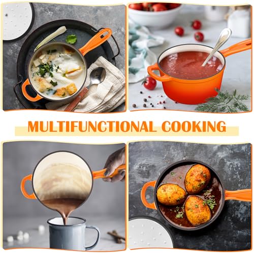 E-far Enameled Cast Iron Sauce Pan with Lid, 1 Quart Dutch Oven Saucepan, Mini Sauce Pot for Cooking, Boiling, Healthy & Non Toxic, Induction & Oven Safe, Orange