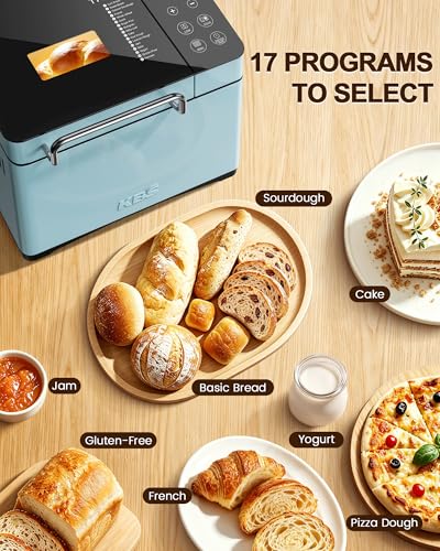 KBS Blue Bread Maker, 2LB Smart Bread Machine with Healthy Ceramic Pan, Touchscreen, Auto Nut Dispenser, 17 Automatic Programs, Gluten Free, Sourdough, Dough, Yogurt & Jam, 15H Timer, Stainless Steel