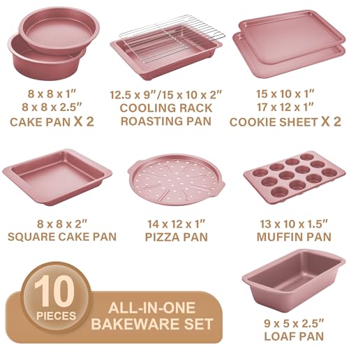 HONGBAKE Bakeware Sets, Baking Pans Set, Nonstick Oven Pan for Kitchen with Wider Grips, 10-Piece Including Rack, Cookie Sheet, Cake Pans, Loaf Pan, Muffin Pan, Pizza Pan - Pink