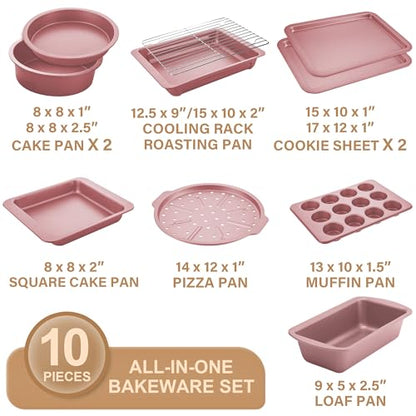 HONGBAKE Bakeware Sets, Baking Pans Set, Nonstick Oven Pan for Kitchen with Wider Grips, 10-Piece Including Rack, Cookie Sheet, Cake Pans, Loaf Pan, Muffin Pan, Pizza Pan - Pink