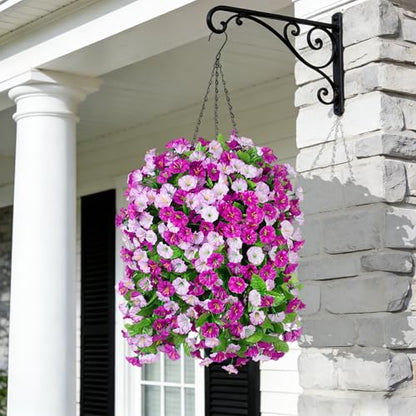 INXUGAO Artificial Flowers with Hanging Basket, Outdoor Faux Plants Silk Morning Glory Vines, Fake Green Arrangement for Garden Patio Spring Summer Decor(4pcs,Darkorchid)