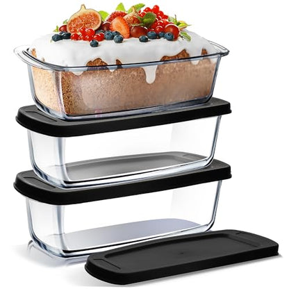 Nestl Set of 3 Glass Bread Loaf Pans for Baking Bread Pans for Homemade Breads, Glass Food Storage Containers with Lids, Glass Baking Dishes for Oven, Pound Cake Pan, Loaf Pan, 1.9 Quart