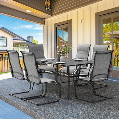 NUU GARDEN 7 Piece Outdoor Dining Set, 6 All Weather Padded Textilene Patio Chairs and 61" Rectangular Dining Table with 1.77" Umbrella Hole, for Garden, Patio, Light Grey and Black