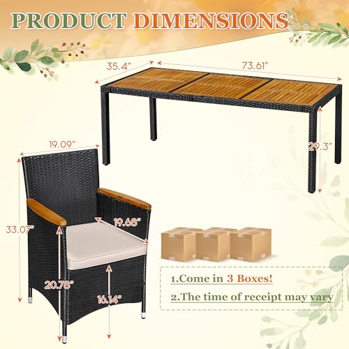 Greesum 9 Pieces Outdoor Patio Dining Set, Conversation Sets with 1 Table and 8 Rattan Chairs with Curved Acacia Wooden Armrests and Cushions, Black