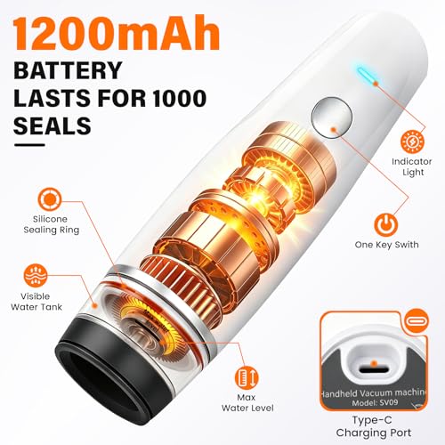 -80kPa Compact Vacuum Sealer for Food (Vacuum Sealer Machine + 30 Reusable Bags), 1200mAh Rechargeable Handheld Vacuum Sealer Machine Portable Mini Food Sealer for Sous Vide & Meal Prep-cold white