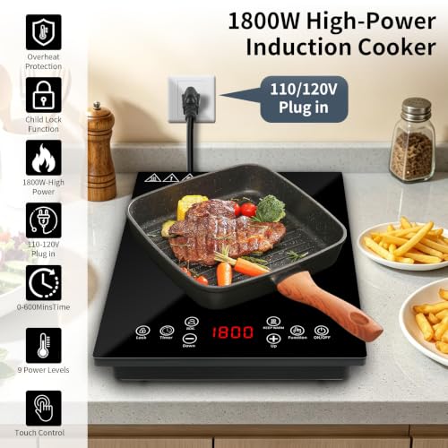 HUIPUSHE Single Induction Cooktop,1800W Portable induction Cooktop，Portable induction hot plate with LCD touch control,9 Levels,10H,Safety Lock, 110V single burner induction Cooktop