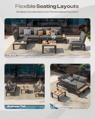 Oasbira Aluminum Modular Outdoor Patio Furniture Set, 8 Seats Sectional Sofa Set with Adjustable Backrest & Thick Cushions, All-Weather L-Shaped Corner Set with Table for Garden & Yard, Graphite