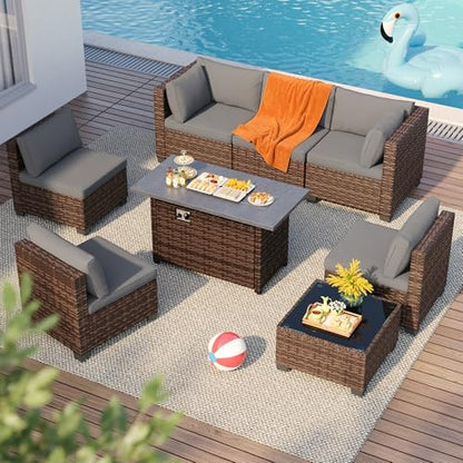 Qsun 8 Pieces Outdoor Patio Furniture Set with 44.9" Fire Pit Table, All-Weather Wicker Outdoor Patio Sectional Set with Coffee Table, for Garden, Backyard, Grey