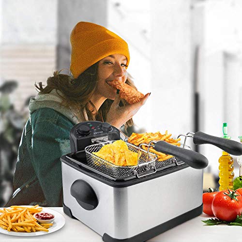 Secura 4 Liters / 17-Cup Stainless-Steel 1700-Watt Electric Deep Fryer with Timer Free Extra Odor Filter, Triple Basket, 4.5 Quarts, Silver