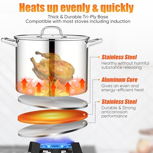 E-far 16 Quart Stainless Steel Stock Pot, Large Heavy Duty Induction Stockpot with Glass Lid for Cooking Soup Canning, Thick Tri-Ply Bottom & Riveted Handle, Compatible with All Stove, Dishwasher Safe