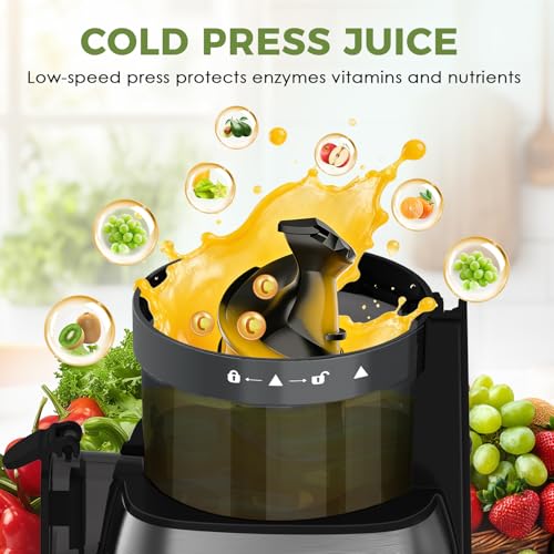 Cold Press Juicer with 5.3" Extra Wide Feed Chute, Slow Masticating Juicers Machines for Whole Fruit and Vegetable, High Yield Fruit Juicer, Easy Clean Design, BPA-Free