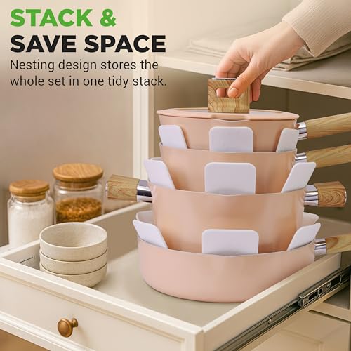 NutriChef 14-Piece Non-Stick Ceramic Cookware Set - Induction Safe Pots and Pans with Glass Lids, Cool-Touch Handles, Even Heat Distribution, Dishwasher Safe, Includes Ladle, Tong, Spatula (Pink)