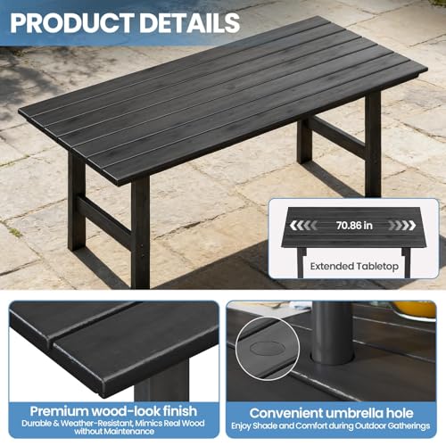 Polyhouz HDPE Outdoor Dining Table and Chairs, 7-Piece Patio Table and Chairs Set, Outdoor Dining Set for 6, All-Weather Dining Furniture Set with Umbrella Hole, Black