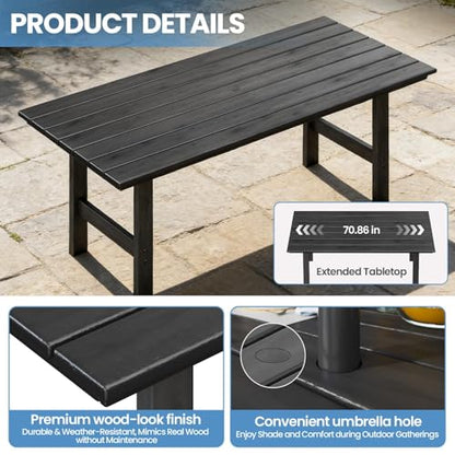 Polyhouz HDPE Outdoor Dining Table and Chairs, 7-Piece Patio Table and Chairs Set, Outdoor Dining Set for 6, All-Weather Dining Furniture Set with Umbrella Hole, Black