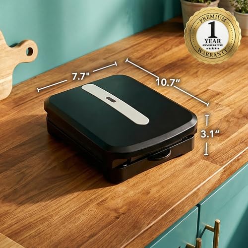 OVENTE 2-Serving Electric Indoor Grill & Panini Press with Easy Clean Non-Stick Plate Coating, Opens 90 Degrees, 10.7" x 7.7" Space Saving Design, 750W Contact Grill for Burgers & More, Black GP222B