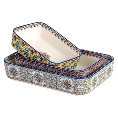 Casserole Dishes for Oven, Ceramic Baking Dishes Set of 3, Rectangular Lasagna Pans, Ceramic Bakeware Set for Baking, Roasting and Serving - Boho Style