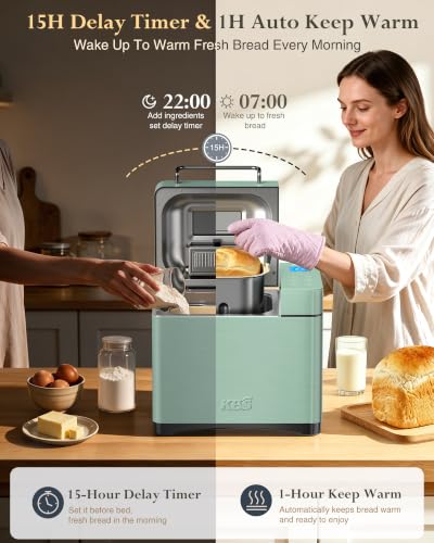 KBS 2.2LB Bread Maker, 710W Convection Bread Machine with Dual Heaters, Healthy Nonstick Ceramic Pan, Auto Nut Dispenser, 17-in-1 Bread Maker Machine for Gluten-Free, Touchscreen, 15H Delay Timer