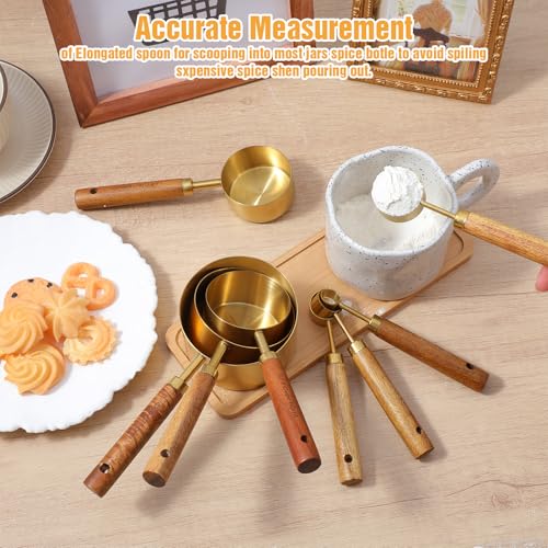 PercyEffie 8 Pcs Gold Measuring Cups and Spoons Set, Stainless Steel Measuring Cups with Wood Handles, 4 Stackable Wooden Measuring Cups and 4 Measuring Spoons Set for Kitchen Cooking and Baking