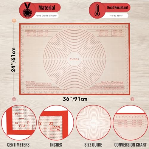 Silicone Pastry Mat 36x24 Inch Nonstick Baking Mat -Perfect for Dough, Pastry, Dough Rolling, Kneading Board, Pie Crust, Fondant, Pasta/Pizza, Kitchen Counter Mat