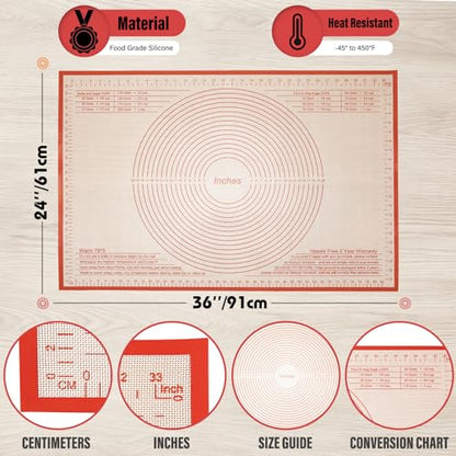 Silicone Pastry Mat 36x24 Inch Nonstick Baking Mat -Perfect for Dough, Pastry, Dough Rolling, Kneading Board, Pie Crust, Fondant, Pasta/Pizza, Kitchen Counter Mat