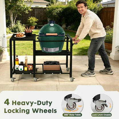 GVGBUK Outdoor Grill Table for Big Green Egg, Suitable for Various Sizes of Green Egg Nest Grill Racks,BBQ Cart with Lockable Wheels, Storage Rack Bottle Opener-Prep Cooking Station for Party, Black.