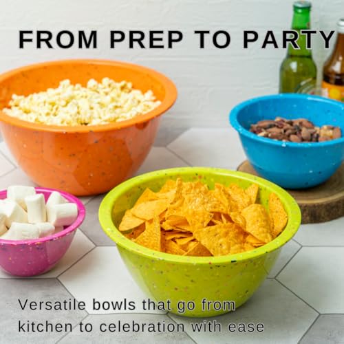 bzyoo Confetti Nesting Mixing Bowls Set - 4-Piece Colorful Kitchen Bowls (18oz, 1.25QT, 2.5QT, 4QT) - BPA-Free, Dishwasher Safe, Space-Saving Design Vibrant Color