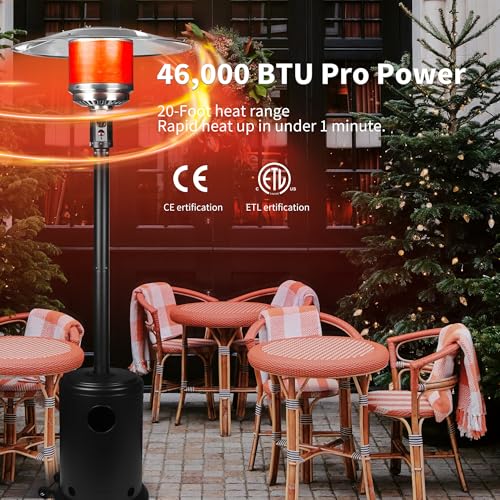 Omnarevo 50,000 BTU Propane Patio Heater with Wheels – Outdoor Gas Heater for Backyard, Garden & Restaurant, Powder-Coated Steel Body with Easy Ignition & Safety Shut-Off (w/o waterbox)