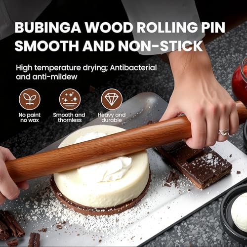 Sinotekk Natural High-Density Solid Bubinga Wood French Rolling Pin | 50% Heavier than Sapele pins | Less Effort | Perfect for Pies, Pastry & Cookies | Protective Fabric Sleeve - Ideal Baking Gift.