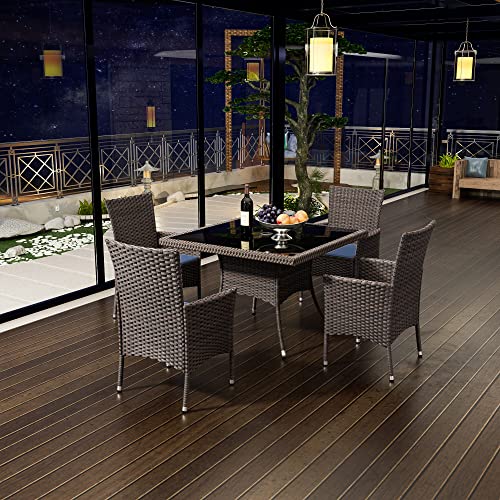 ASJMR 5 Pieces Dining Sets for 4 with Rattan Wicker Dining Set Chairs and Square Table Glass Top with Umbrella Cutout, Outdoor and Indoor Set for Patio, Backyard, Garden, Poolside, Kitchen-Navy