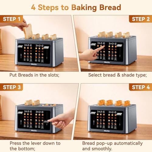 Mecity 4 Slice Touchscreen Toaster, 6 Bread Modes & 6 Browning Levels, Dual Touch Control Wide Slot Stainless Steel Electric Toaster with Memory, Defrost, 3-Min Auto Shutoff for White, Bagels, Waffles