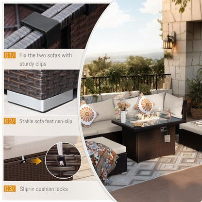 BULEXYARD 15 Piece Large Patio Furniture Set with Fire Pit, Brown & Beige