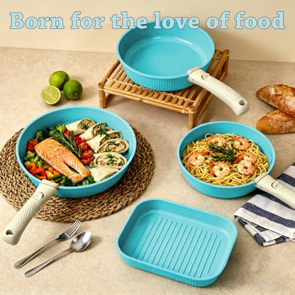Fnorant 24 Pcs pots and pans set,cookware set non stick,pots and pans set Oven-safe and dishwasher-safe,PFAS/PFOA Free,Induction Dishwasher Oven Safe cookware set (Blue)