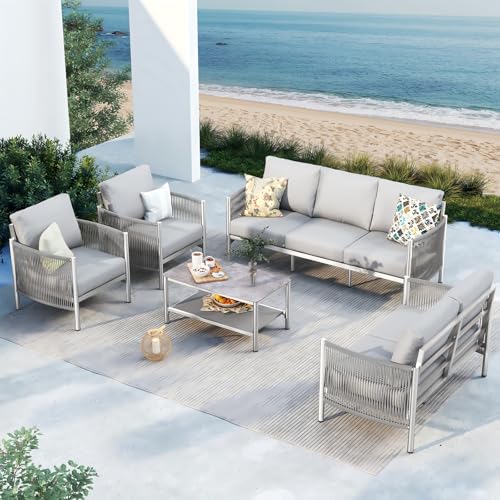 Oasbira Aluminum Outdoor Patio Furniture Set with Dual-Layer Coffee Table, 5 Piece Modern Patio Conversation Sets with PE Rope, Outdoor Sectional Sofa with Thick Cushions for Balcony, Deck, Silver