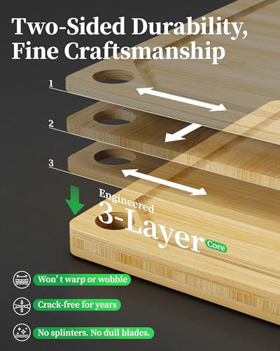 Kitchen Cutting Board Set - 3-Piece Wooden Cutting Boards for Kitchen with Juice Groove, Handles, Hang Holes, Stylish Kitchen Essentials for Chpping & Serving, Natural, 0.4"Th - (L+M+S)