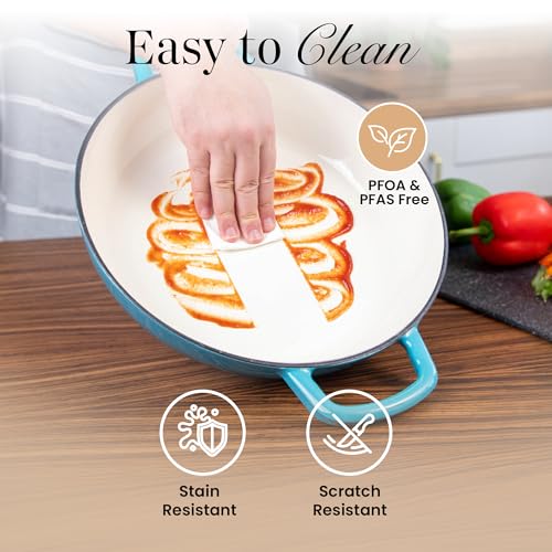 Shallow Cast Iron Casserole with Lid – Non Stick Dutch Oven Pot, Oven Safe up to 500° F – Sturdy Ovenproof Stockpot Cookware – Enamelled Cooking Pot – Blue, 5-Quart, 32cm – by Nuovva