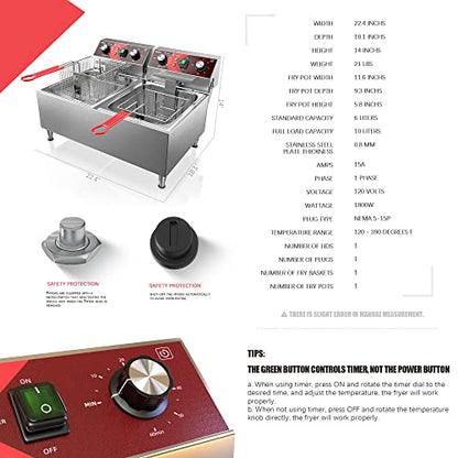 EGGKITPO Deep Fryers Stainless Steel Commercial Deep fryer with Timer Dual Tank Electric Deep Fryer with 2 Baskets Large Capacity 10L X 2 Electric Countertop Fryer for Restaurant and Home, 120V 3600W