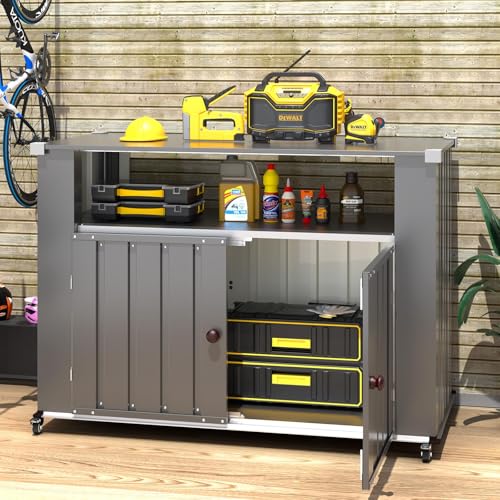 AECOJOY Outdoor Grill Table with Storage Cabinet Weatherproof, Outdoor Kitchen Island, Grill Cabinet Cart with Storage, Outdoor Counter Prep Table with Storage