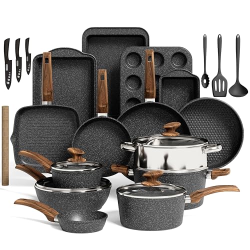 Kitchen Induction Cookware & Bakeware Set - 30 Piece Black Granite Cooking Pans Set, Non-Stick Pots and Pans Set