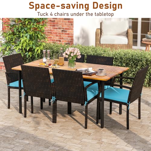Tangkula 7 Pieces Outdoor Dining Set, Patio Acacia Wood Table and PE Rattan Chairs with Soft Cushions and 2” Umbrella Hole for Deck, Garden and Backyard